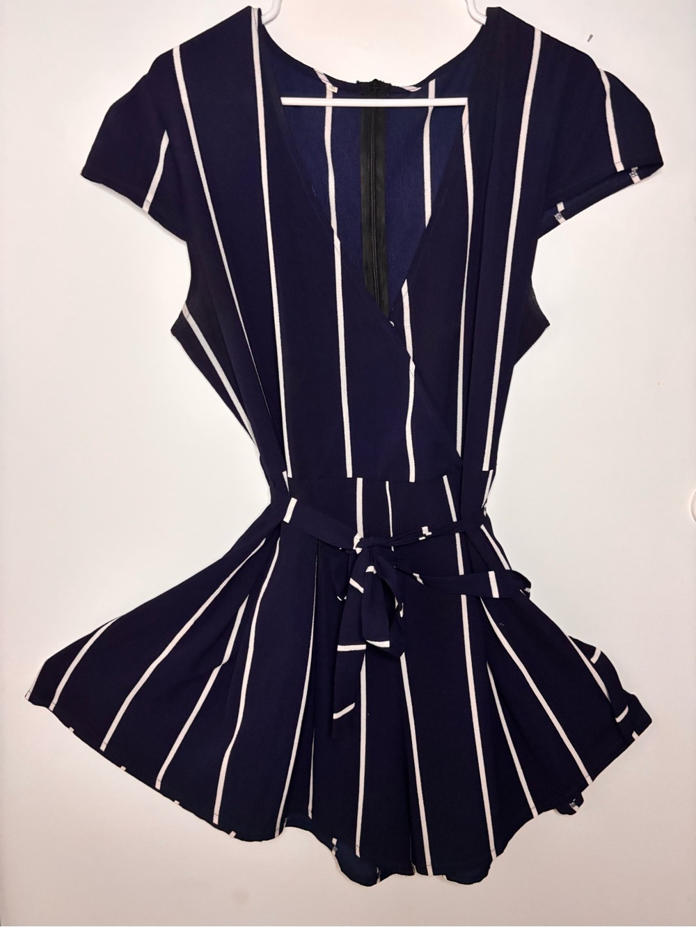 SHEIN Navy and White Striped Back-Zip Romper